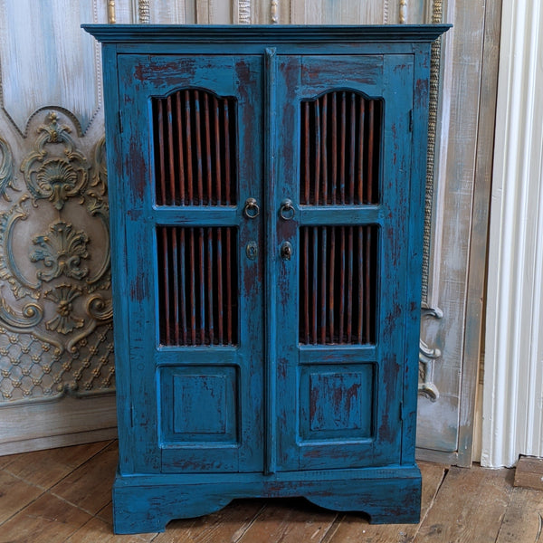 Vintage INDIAN Painted Hardwood TEAL Blue Rustic Cabinet Cupboard Sideboard Unit