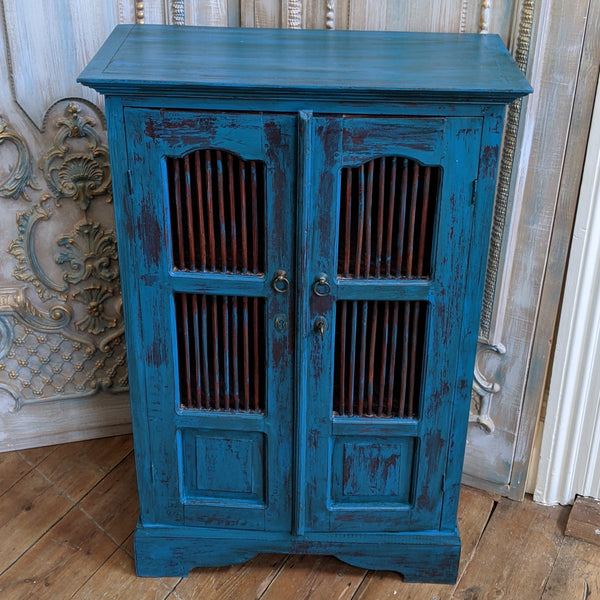 Vintage INDIAN Painted Hardwood TEAL Blue Rustic Cabinet Cupboard Sideboard Unit