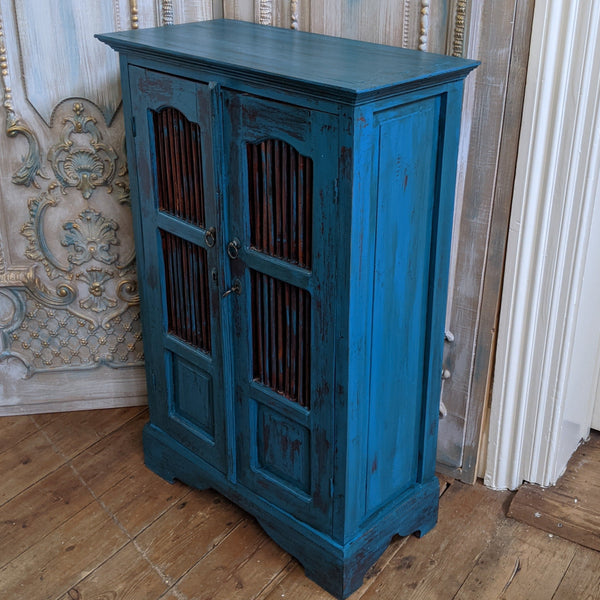 Vintage INDIAN Painted Hardwood TEAL Blue Rustic Cabinet Cupboard Sideboard Unit