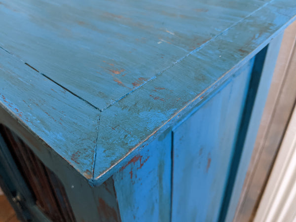 Vintage INDIAN Painted Hardwood TEAL Blue Rustic Cabinet Cupboard Sideboard Unit