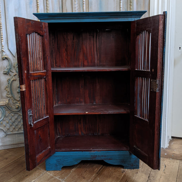 Vintage INDIAN Painted Hardwood TEAL Blue Rustic Cabinet Cupboard Sideboard Unit