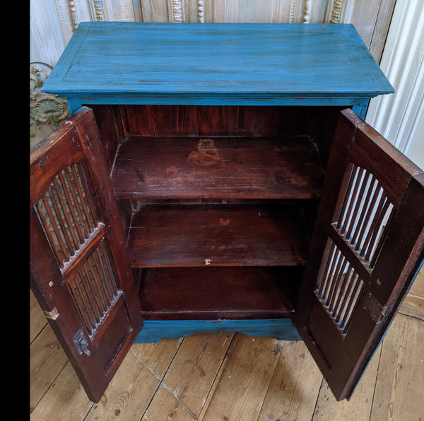 Vintage INDIAN Painted Hardwood TEAL Blue Rustic Cabinet Cupboard Sideboard Unit
