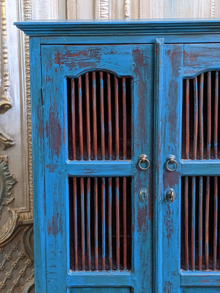 Vintage INDIAN Painted Hardwood TEAL Blue Rustic Cabinet Cupboard Sideboard Unit