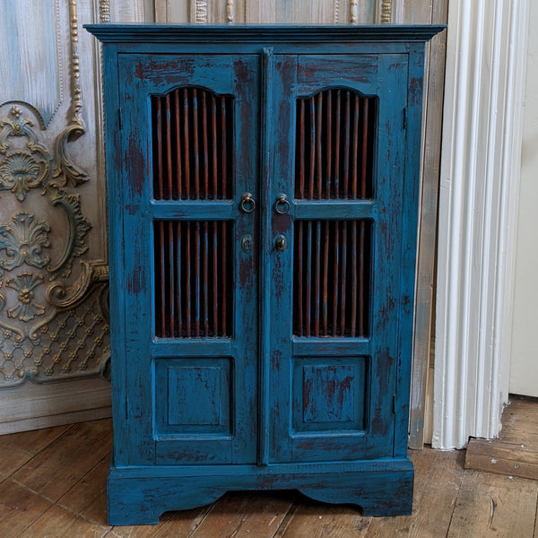 Vintage INDIAN Painted Hardwood TEAL Blue Rustic Cabinet Cupboard Sideboard Unit