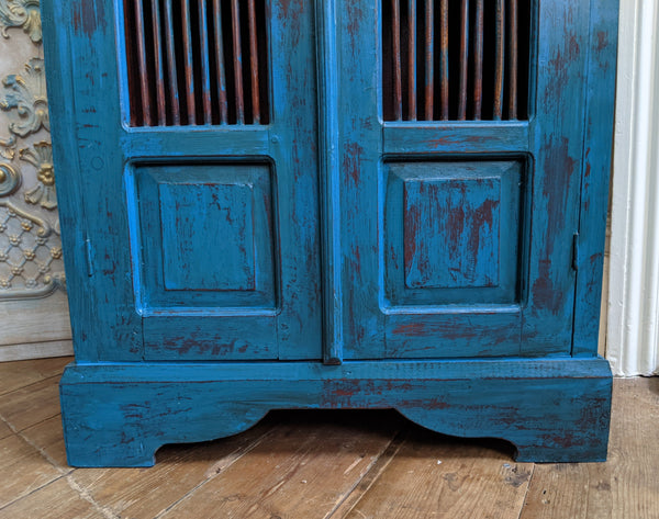 Vintage INDIAN Painted Hardwood TEAL Blue Rustic Cabinet Cupboard Sideboard Unit