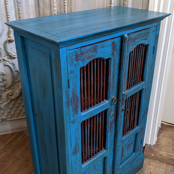 Vintage INDIAN Painted Hardwood TEAL Blue Rustic Cabinet Cupboard Sideboard Unit