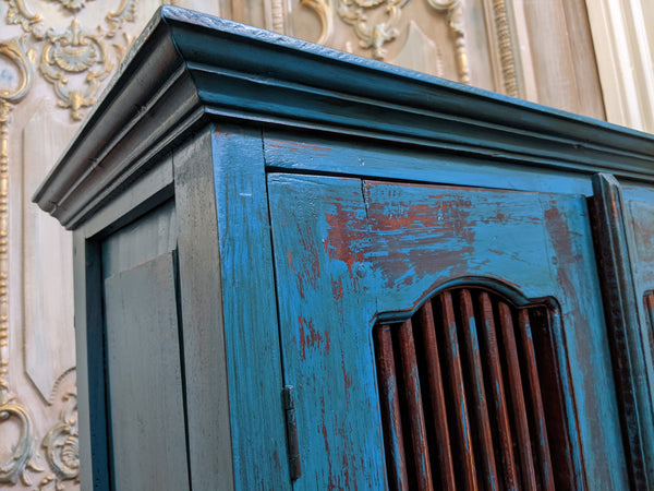 Vintage INDIAN Painted Hardwood TEAL Blue Rustic Cabinet Cupboard Sideboard Unit