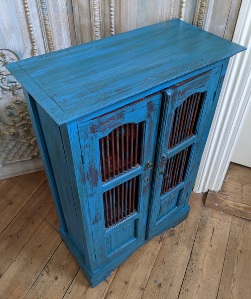 Vintage INDIAN Painted Hardwood TEAL Blue Rustic Cabinet Cupboard Sideboard Unit