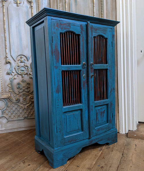 Vintage INDIAN Painted Hardwood TEAL Blue Rustic Cabinet Cupboard Sideboard Unit