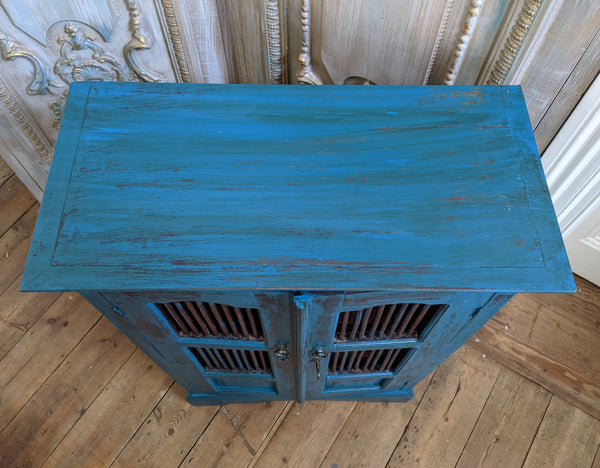 Vintage INDIAN Painted Hardwood TEAL Blue Rustic Cabinet Cupboard Sideboard Unit