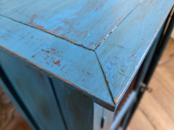 Vintage INDIAN Painted Hardwood TEAL Blue Rustic Cabinet Cupboard Sideboard Unit