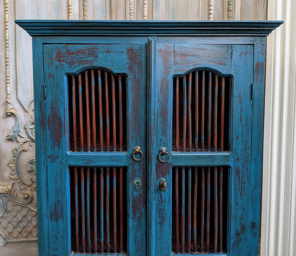 Vintage INDIAN Painted Hardwood TEAL Blue Rustic Cabinet Cupboard Sideboard Unit