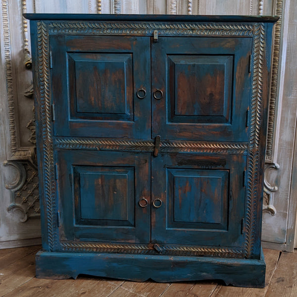 Vintage INDIAN Painted Hardwood TEAL Blue Rustic Cabinet Cupboard Sideboard Unit