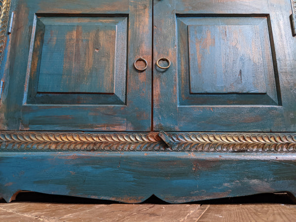 Vintage INDIAN Painted Hardwood TEAL Blue Rustic Cabinet Cupboard Sideboard Unit