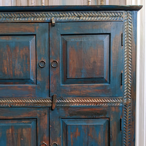 Vintage INDIAN Painted Hardwood TEAL Blue Rustic Cabinet Cupboard Sideboard Unit