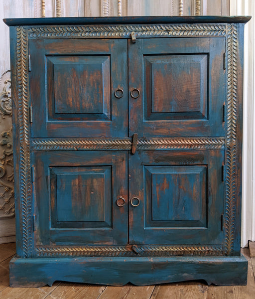 Vintage INDIAN Painted Hardwood TEAL Blue Rustic Cabinet Cupboard Sideboard Unit