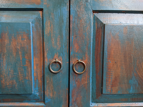 Vintage INDIAN Painted Hardwood TEAL Blue Rustic Cabinet Cupboard Sideboard Unit