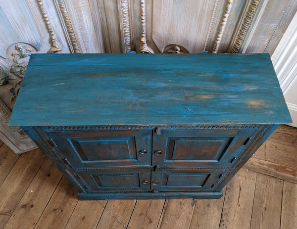 Vintage INDIAN Painted Hardwood TEAL Blue Rustic Cabinet Cupboard Sideboard Unit