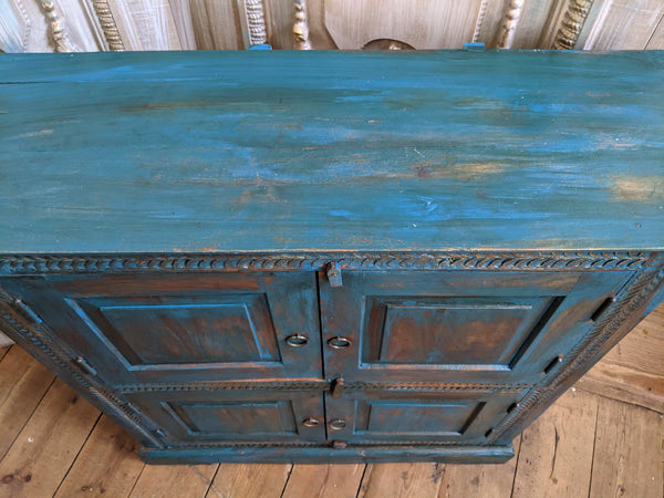 Vintage INDIAN Painted Hardwood TEAL Blue Rustic Cabinet Cupboard Sideboard Unit