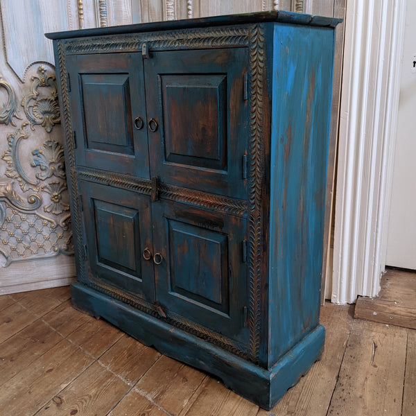 Vintage INDIAN Painted Hardwood TEAL Blue Rustic Cabinet Cupboard Sideboard Unit