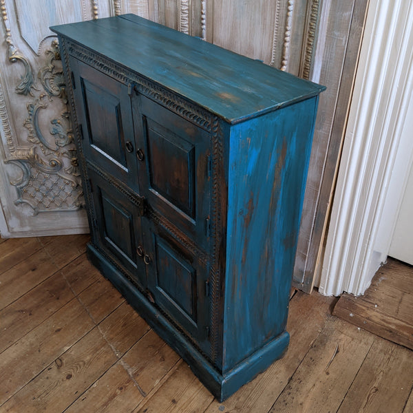 Vintage INDIAN Painted Hardwood TEAL Blue Rustic Cabinet Cupboard Sideboard Unit