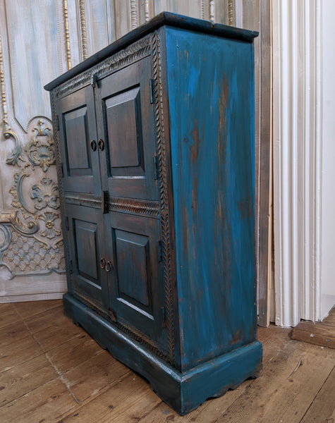 Vintage INDIAN Painted Hardwood TEAL Blue Rustic Cabinet Cupboard Sideboard Unit