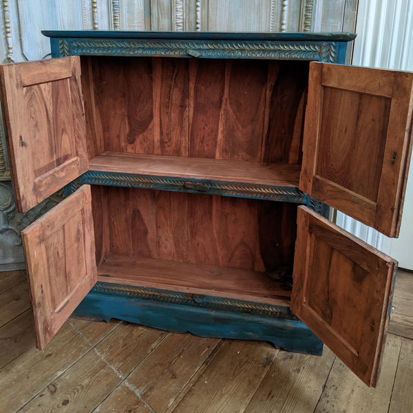 Vintage INDIAN Painted Hardwood TEAL Blue Rustic Cabinet Cupboard Sideboard Unit