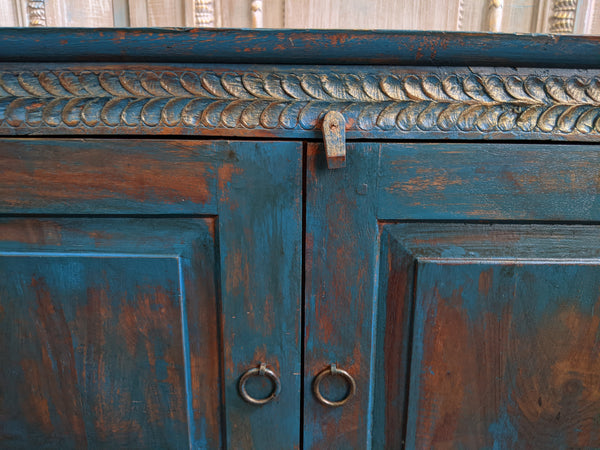 Vintage INDIAN Painted Hardwood TEAL Blue Rustic Cabinet Cupboard Sideboard Unit