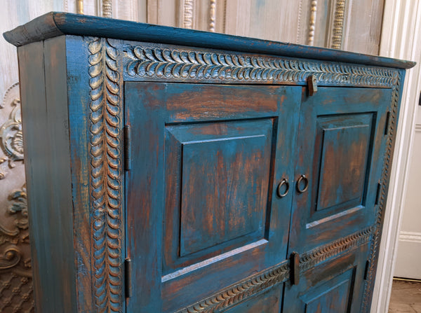 Vintage INDIAN Painted Hardwood TEAL Blue Rustic Cabinet Cupboard Sideboard Unit