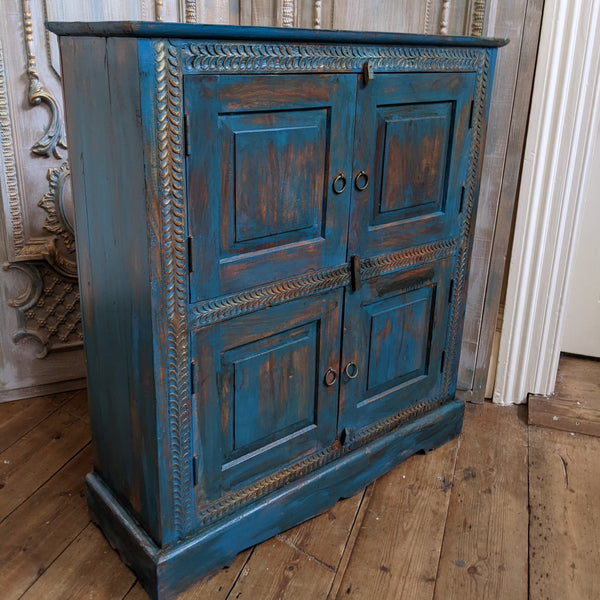 Vintage INDIAN Painted Hardwood TEAL Blue Rustic Cabinet Cupboard Sideboard Unit