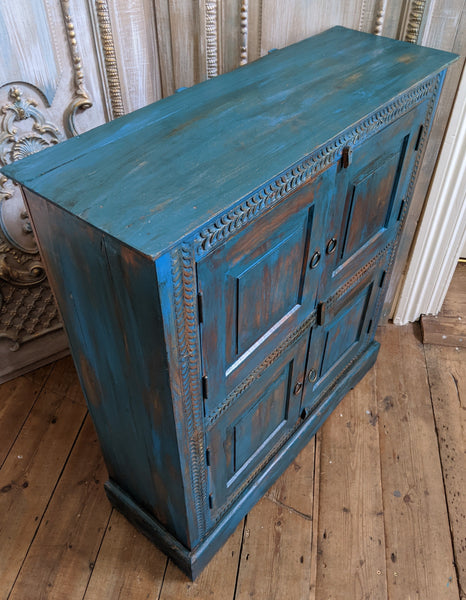 Vintage INDIAN Painted Hardwood TEAL Blue Rustic Cabinet Cupboard Sideboard Unit