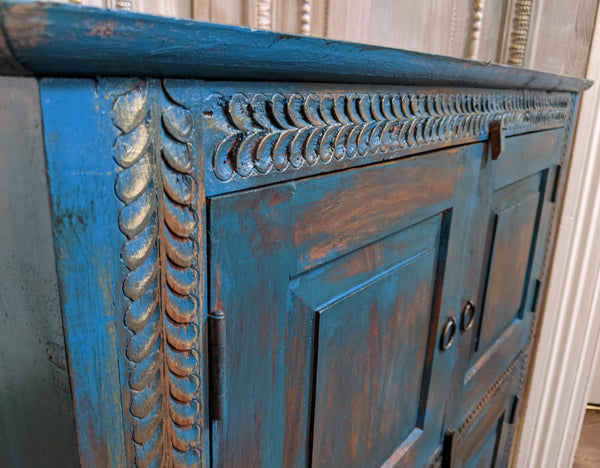 Vintage INDIAN Painted Hardwood TEAL Blue Rustic Cabinet Cupboard Sideboard Unit