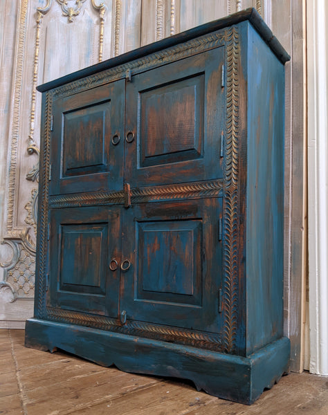 Vintage INDIAN Painted Hardwood TEAL Blue Rustic Cabinet Cupboard Sideboard Unit