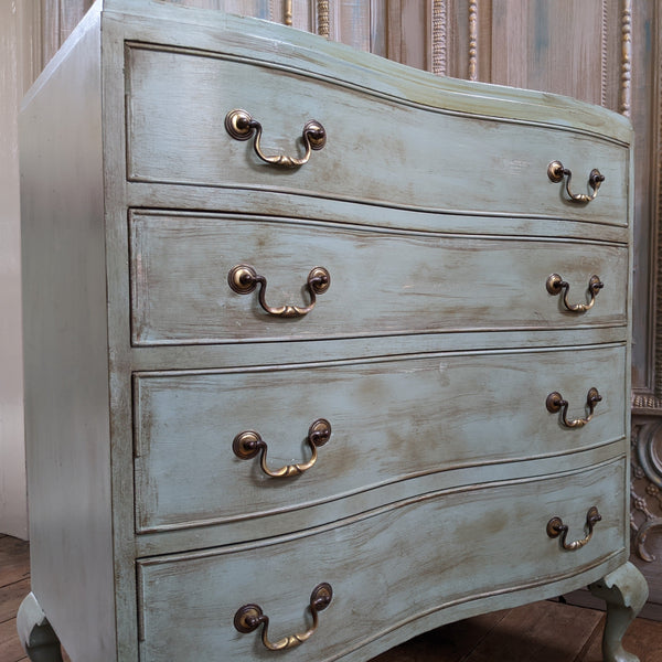 VINTAGE French GREEN Painted Louis Shabby Chic Serpentine Chest of 4 Drawers Unit