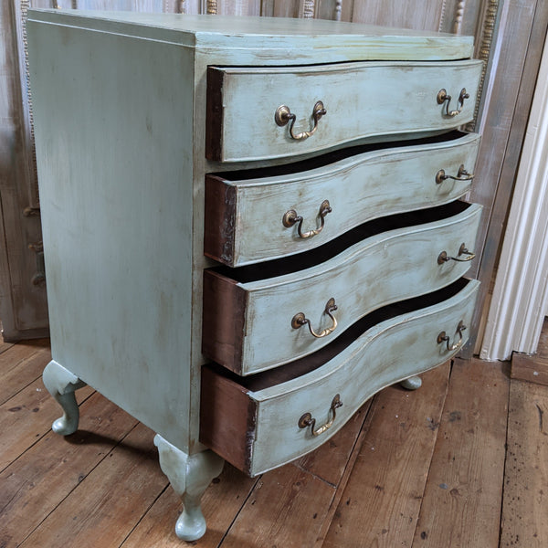 VINTAGE French GREEN Painted Louis Shabby Chic Serpentine Chest of 4 Drawers Unit