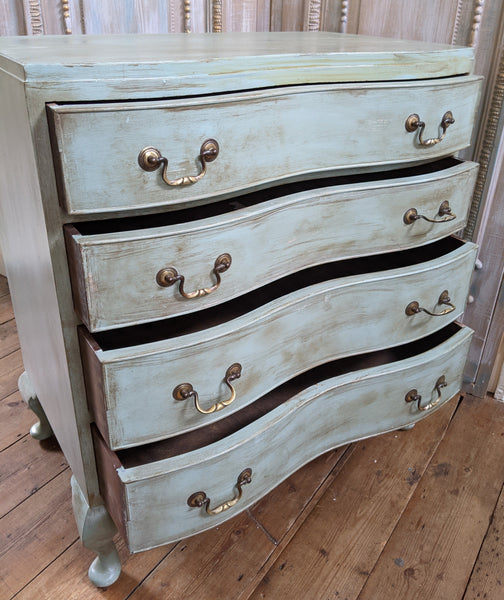 VINTAGE French GREEN Painted Louis Shabby Chic Serpentine Chest of 4 Drawers Unit