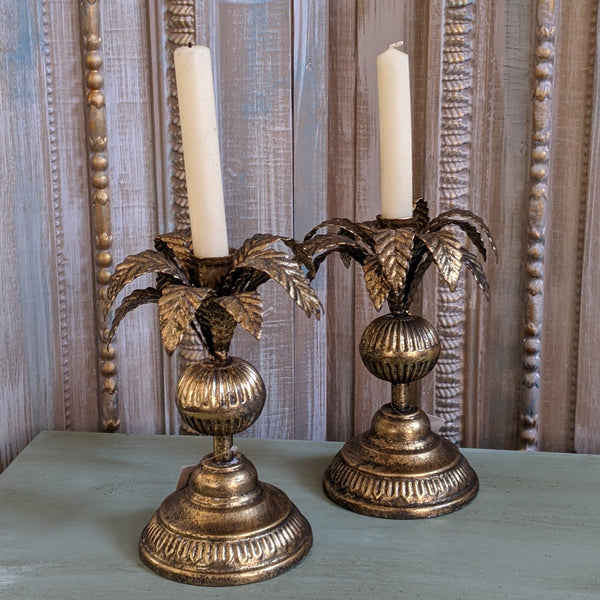 New Vintage French Shabby Chic GOLD Metal PALM TREE Candlestick Candle Holder