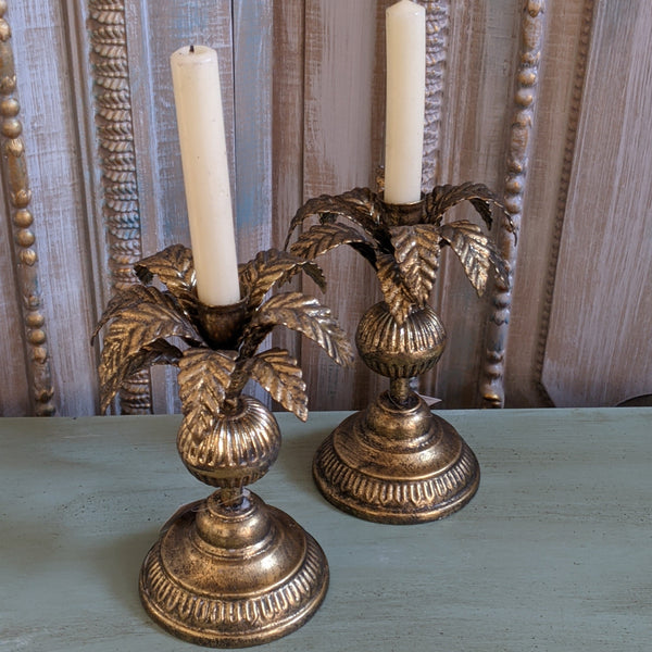 New Vintage French Shabby Chic GOLD Metal PALM TREE Candlestick Candle Holder