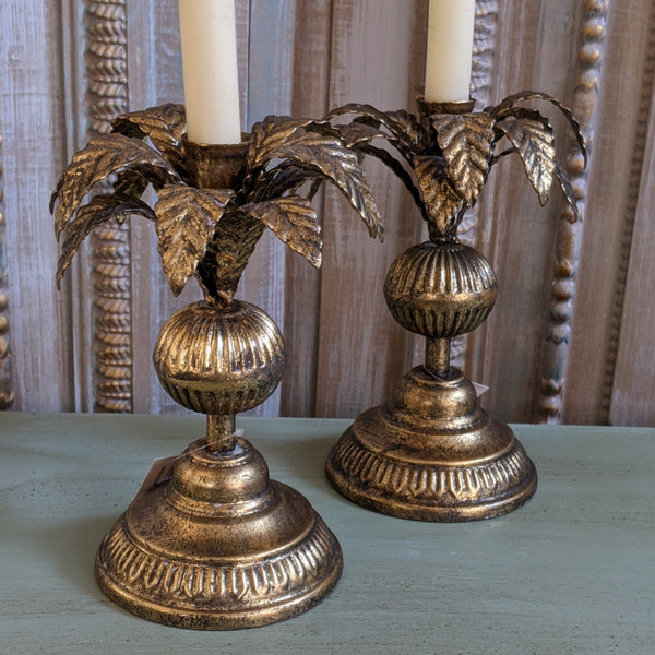 New Vintage French Shabby Chic GOLD Metal PALM TREE Candlestick Candle Holder