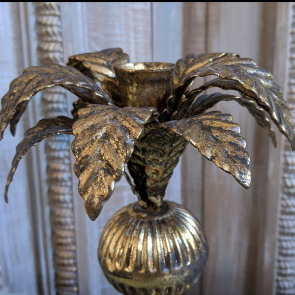New Vintage French Shabby Chic GOLD Metal PALM TREE Candlestick Candle Holder