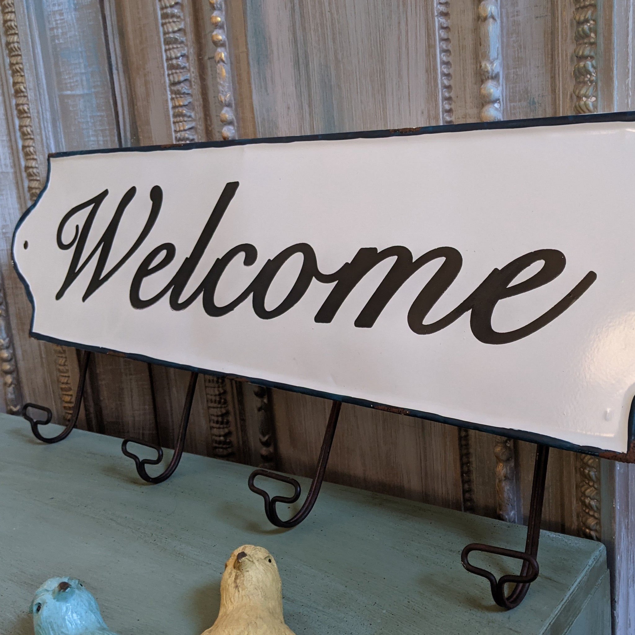 NEW Large Set of 4 WELCOME Wall HOOKS Vintage Shabby Chic RUSTIC White Coat Hat Rack