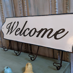 NEW Large Set of 4 WELCOME Wall HOOKS Vintage Shabby Chic RUSTIC White Coat Hat Rack