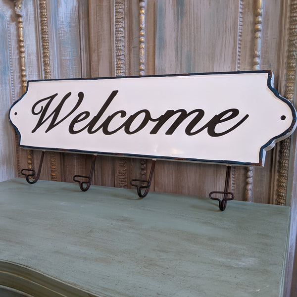 NEW Large Set of 4 WELCOME Wall HOOKS Vintage Shabby Chic RUSTIC White Coat Hat Rack