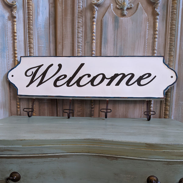 NEW Large Set of 4 WELCOME Wall HOOKS Vintage Shabby Chic RUSTIC White Coat Hat Rack
