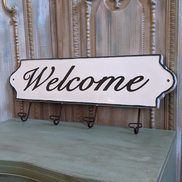 NEW Large Set of 4 WELCOME Wall HOOKS Vintage Shabby Chic RUSTIC White Coat Hat Rack