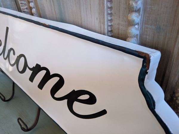 NEW Large Set of 4 WELCOME Wall HOOKS Vintage Shabby Chic RUSTIC White Coat Hat Rack