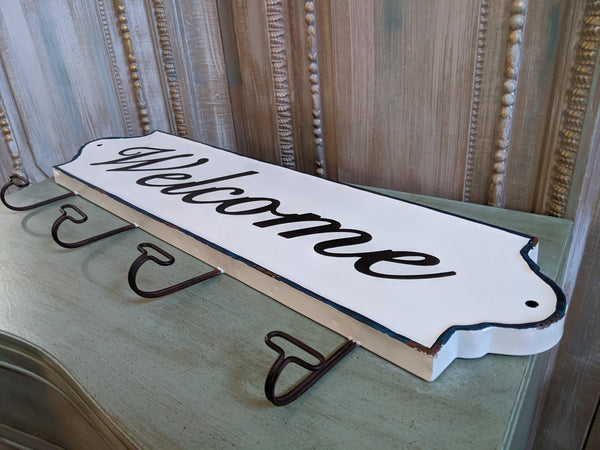 NEW Large Set of 4 WELCOME Wall HOOKS Vintage Shabby Chic RUSTIC White Coat Hat Rack