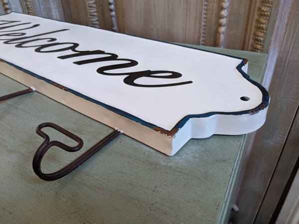 NEW Large Set of 4 WELCOME Wall HOOKS Vintage Shabby Chic RUSTIC White Coat Hat Rack