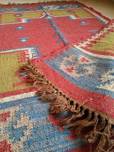 New 150x90cm INDIAN KILIM KELIM Jute Wool Aztec Design HAND WOVEN Carpet Rug Runner