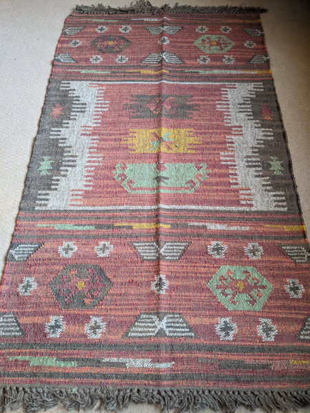 150x90cm INDIAN KILIM KELIM Jute Wool Aztec Design HAND WOVEN Carpet Rug Runner